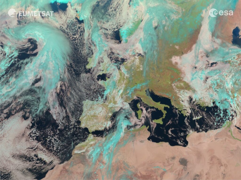 Meteosat Second Generation (Meteosat-11), Spinning Enhanced Visible and Infrared Imager, 11:45 UTC 18 March 2023, szerokość geograficzna 0° Widok Europy, Źródło: EUMETSAT