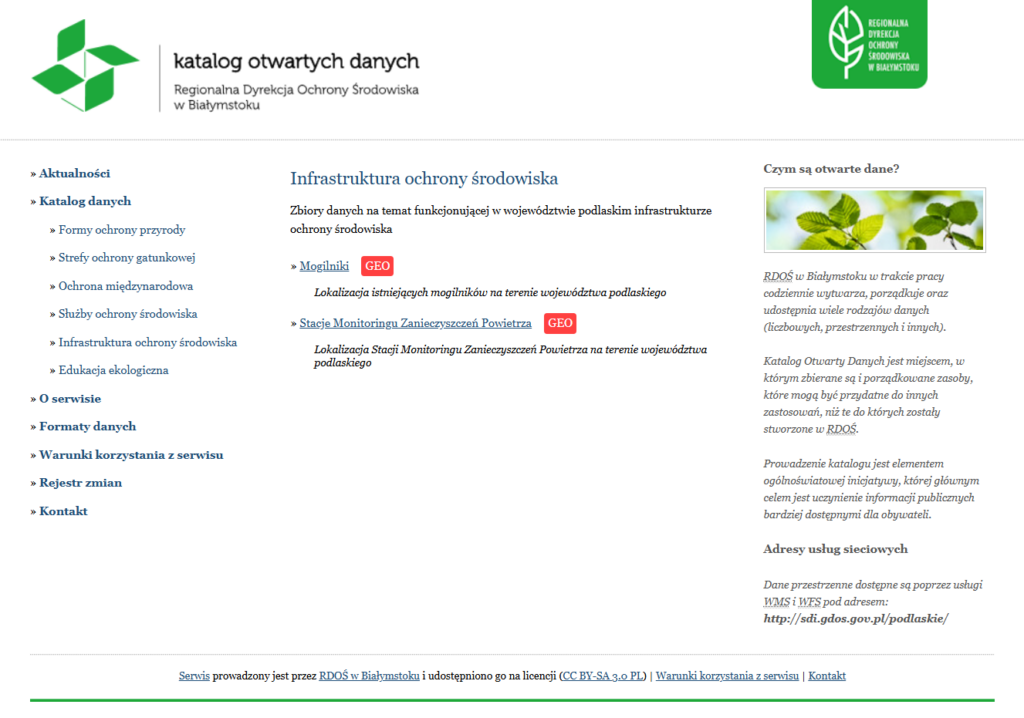 Zrzut ekranu Katalogu Otwartych Danych RDOŚ w Białymstoku z 2013 r.